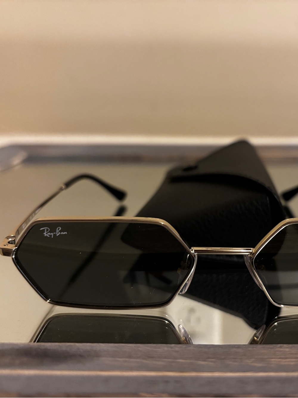 Ray-Ban Gold Frame Black Lens Hexagon Sunglasses